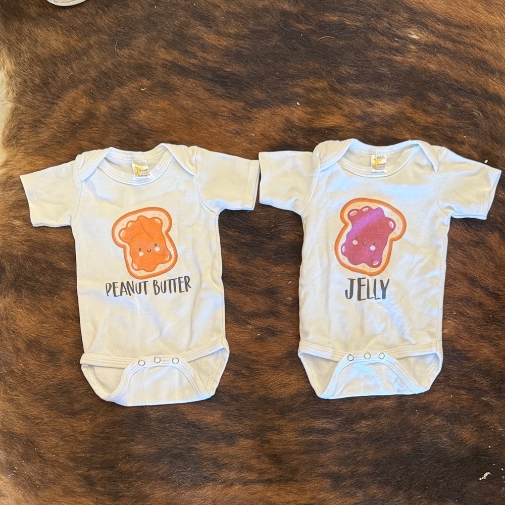 Peanut Butter & Jelly Onesies. Size 3-6 months. Perfect for twins!